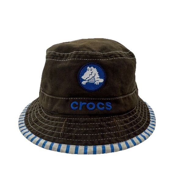 Crocs Reversible Bucket Hat Toddler Blue White Stripe Brown Logo Beach Sun - Picture 1 of 7